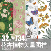 复古植物花卉木刻设计素材复古无缝植物花卉木刻版画图案花纹背景