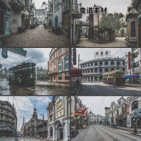 「秒发」彩色版旧照片民国老上海街道复古建筑高清摄影图片设计素