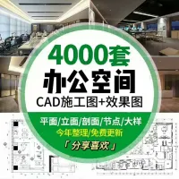 办公室空间写字楼CAD施工图纸方案_室内设计平面效果图库配3